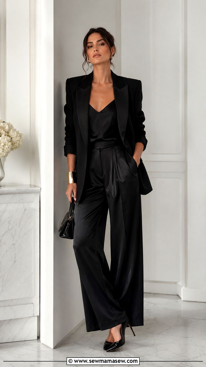 Sculpted Shoulder Blazer With Gold Cuff And Satin Trousers - 20 Glamoratti outfit ideas chunky gold jewelry