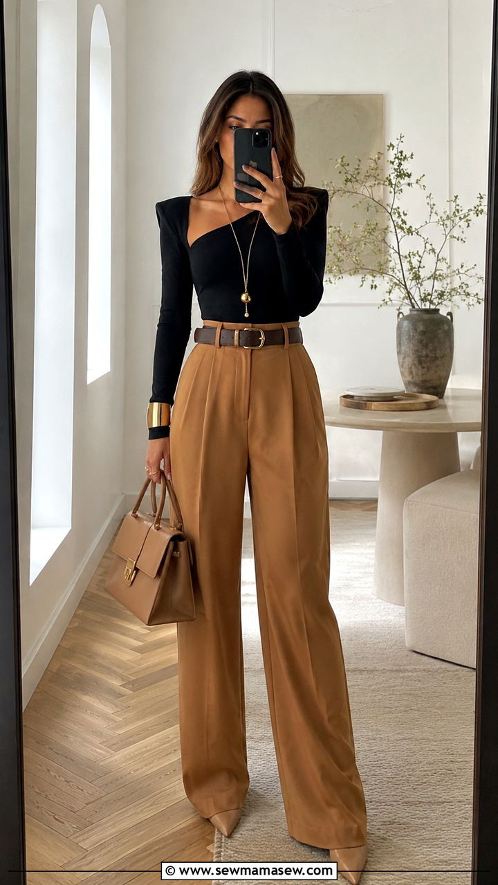 Sculpted Shoulder Bodysuit With High Waist Trousers - 20 Glamoratti outfit ideas sculpted shoulders