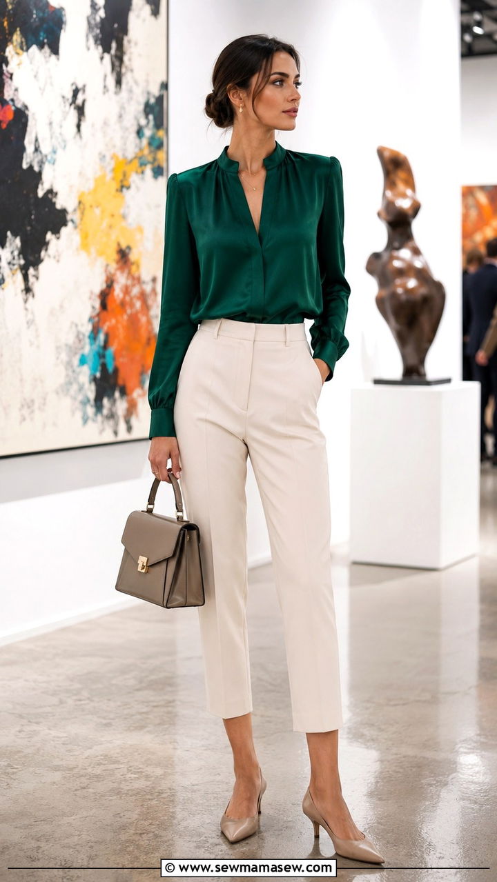 Sculpted Shoulder Silk Blouse With Cropped Trousers - 20 Sculpted shoulder outfit ideas 2026