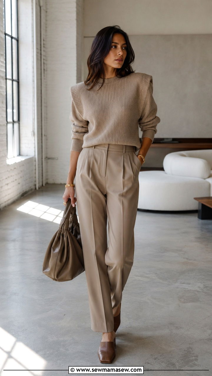 Sculpted Shoulder Sweater With Tailored Trousers - 20 Sculpted shoulder outfit ideas 2026