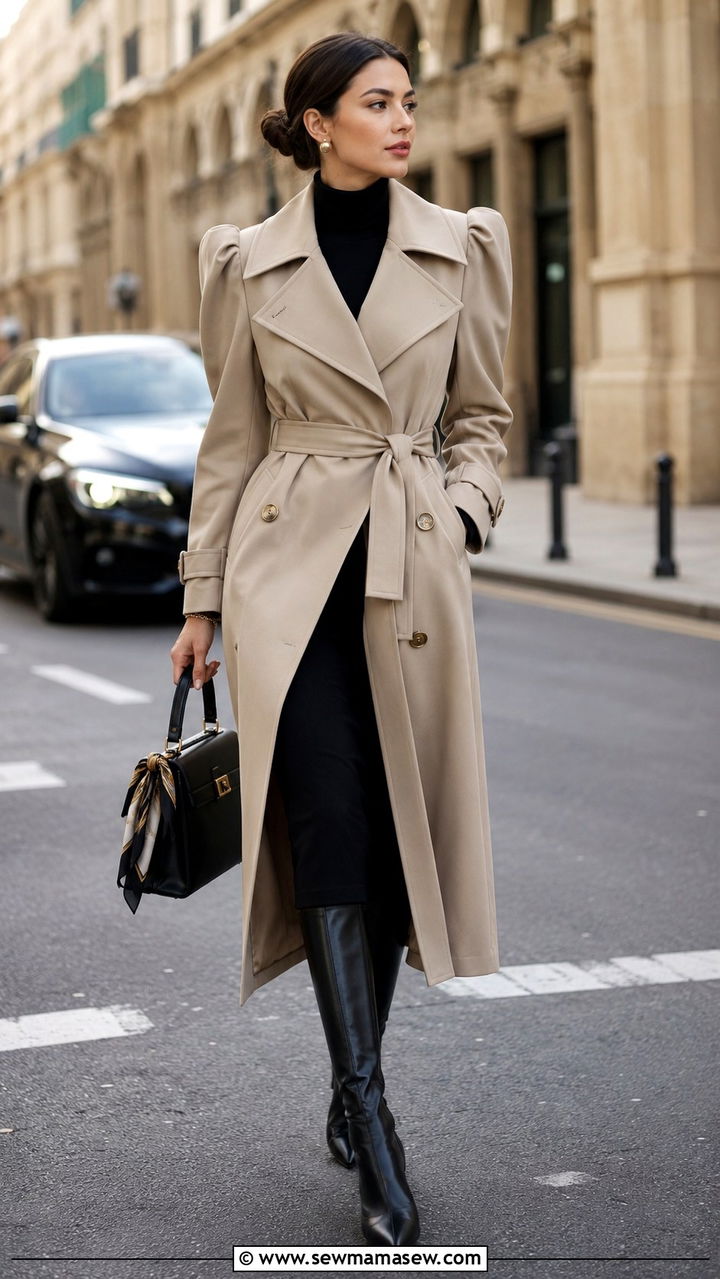 Sculpted Shoulder Trench Coat With Pencil Skirt - 20 Glamoratti outfit ideas sculpted shoulders