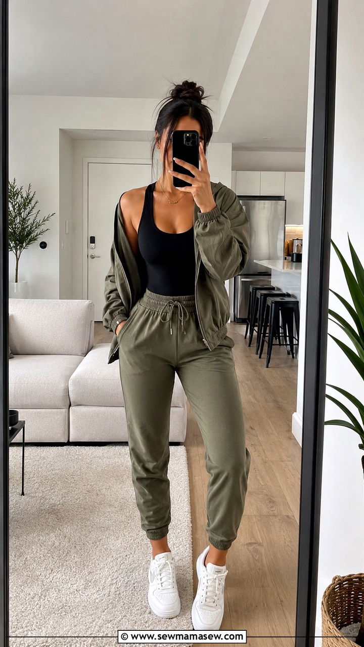Sculpting bodysuit with high waisted joggers and a bomber jacket - 25 Athleisure outfit ideas for women over 50