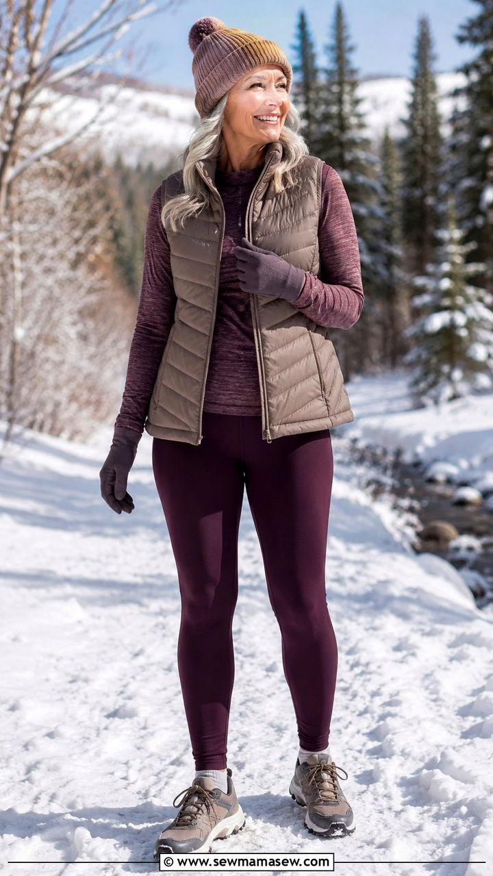 Sculpting leggings with quilted vest and beanie for women over 50 - 30 Outfit ideas for women over 50 athleisure
