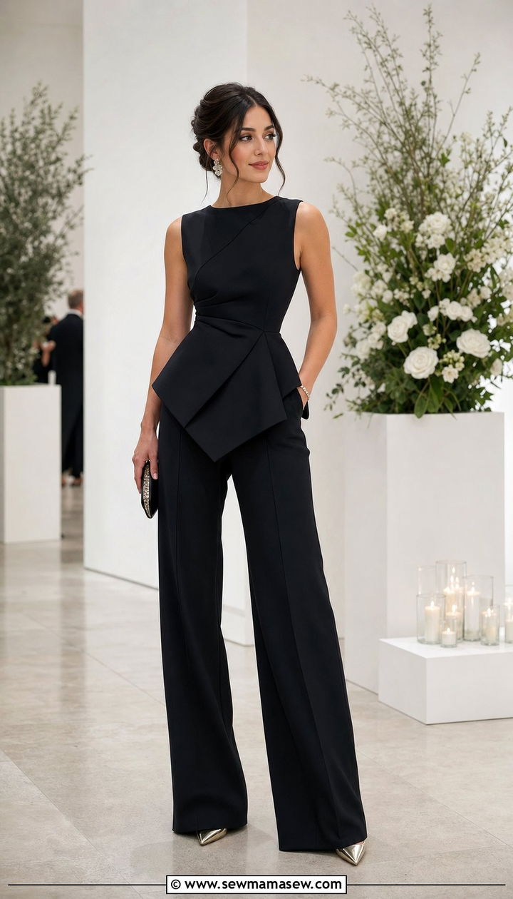 Sculptural Peplum Top With Wide Leg Pants - 35 Black tie wedding guest outfits
