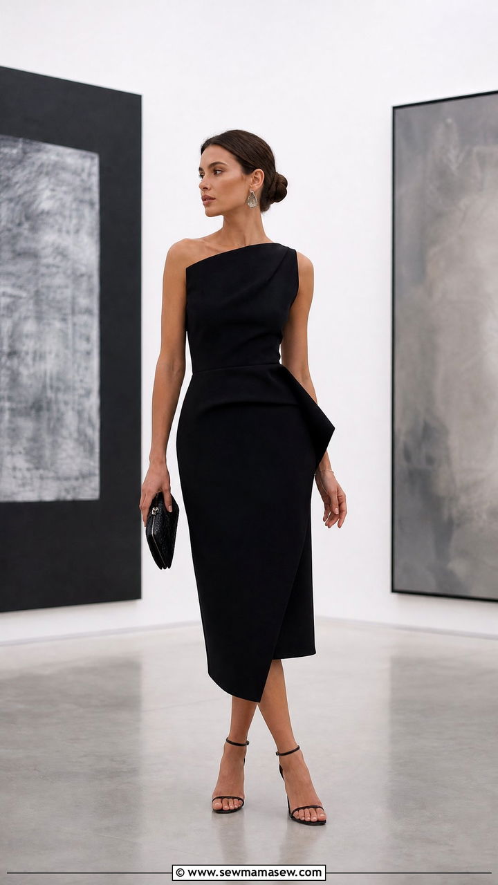 Sculptural dress with minimalist heels gallery look - 30 Gallery opening outfit ideas