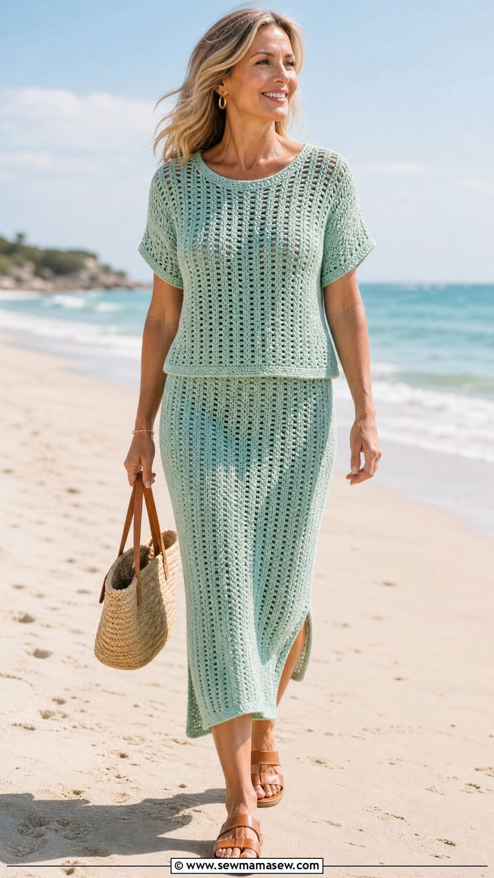 Seafoam Crochet Matching Set With Flat Sandals - 30 Matching set outfit ideas for women over 40