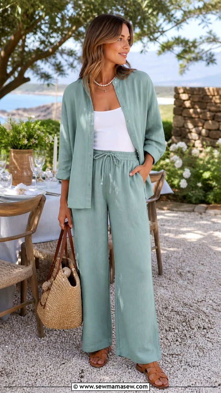 Seafoam Linen Set With Pearl Accessories - 40 summer coastal grandmother outfits