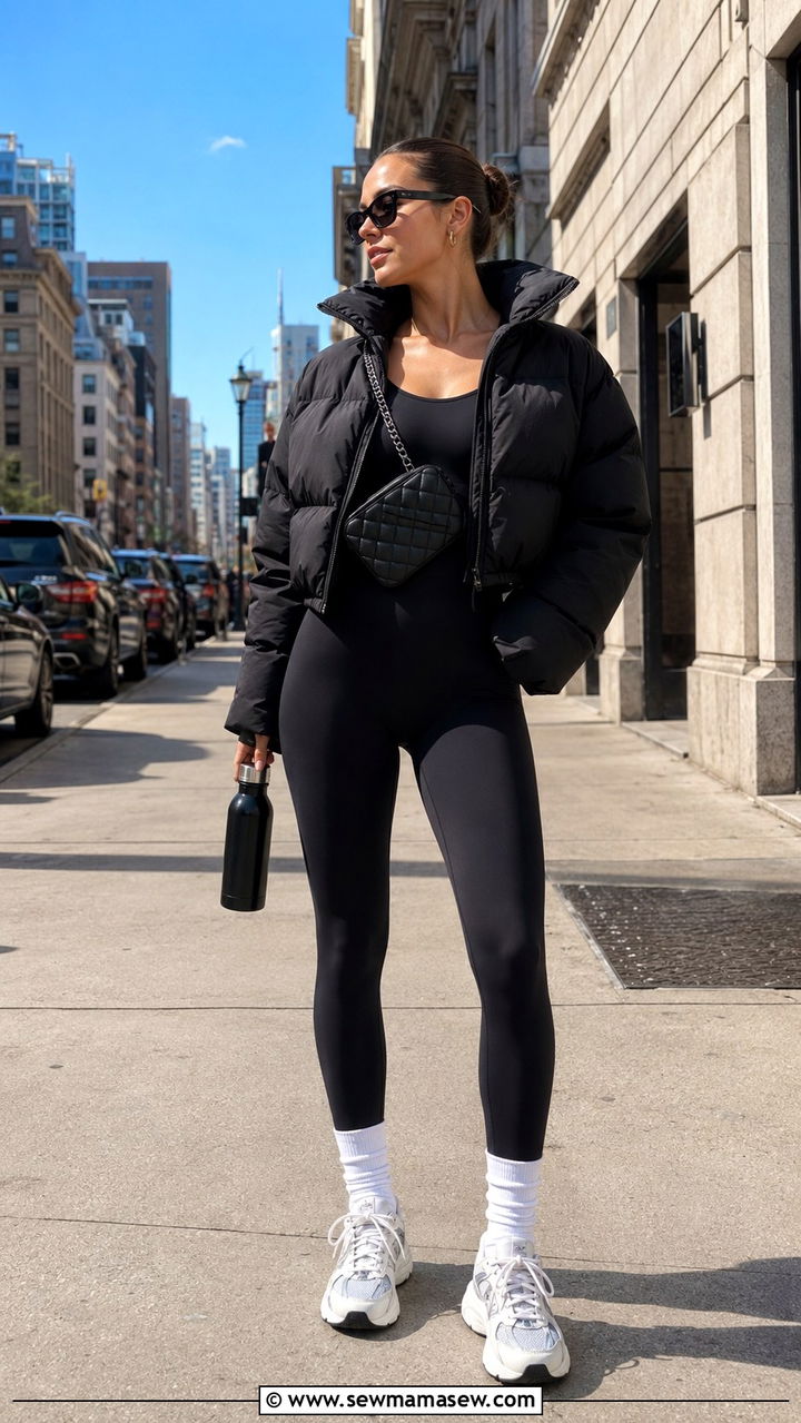 Seamless Black Unitard with Cropped Puffer Jacket - 25 Pilates aesthetic outfit ideas