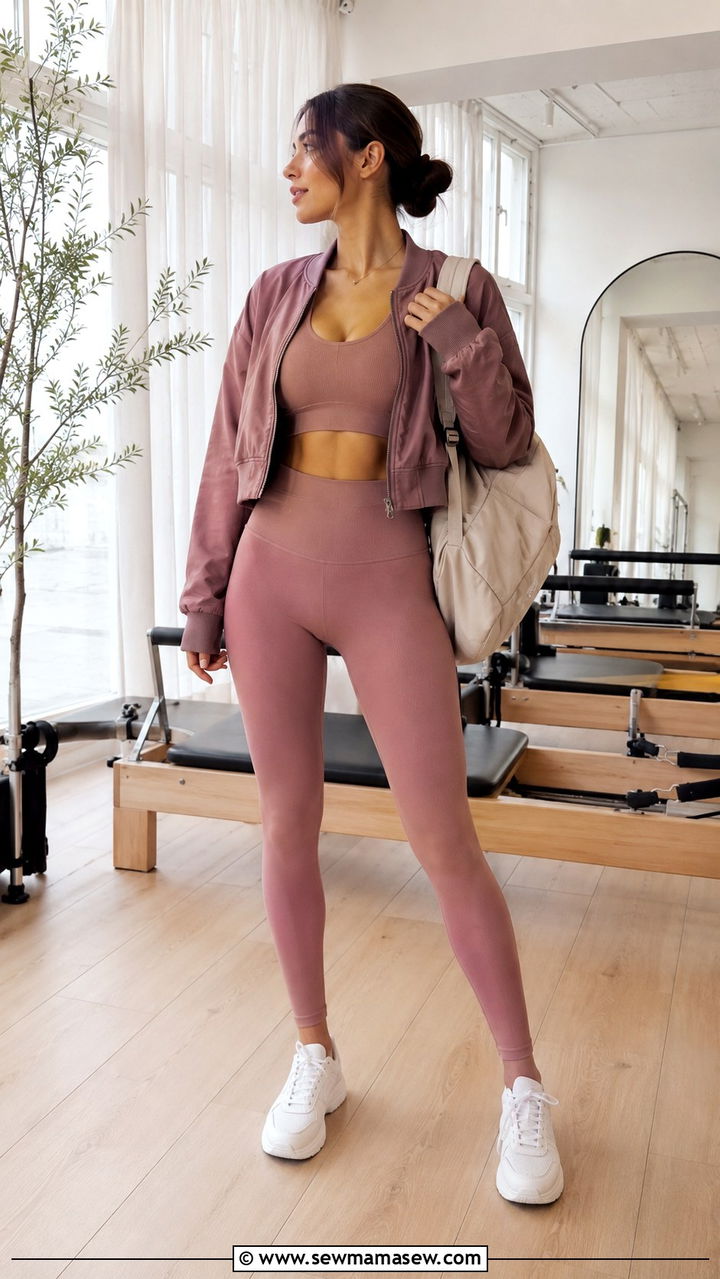 Seamless leggings and longline sports bra with a cropped jacket - 25 Aesthetic gym outfit ideas