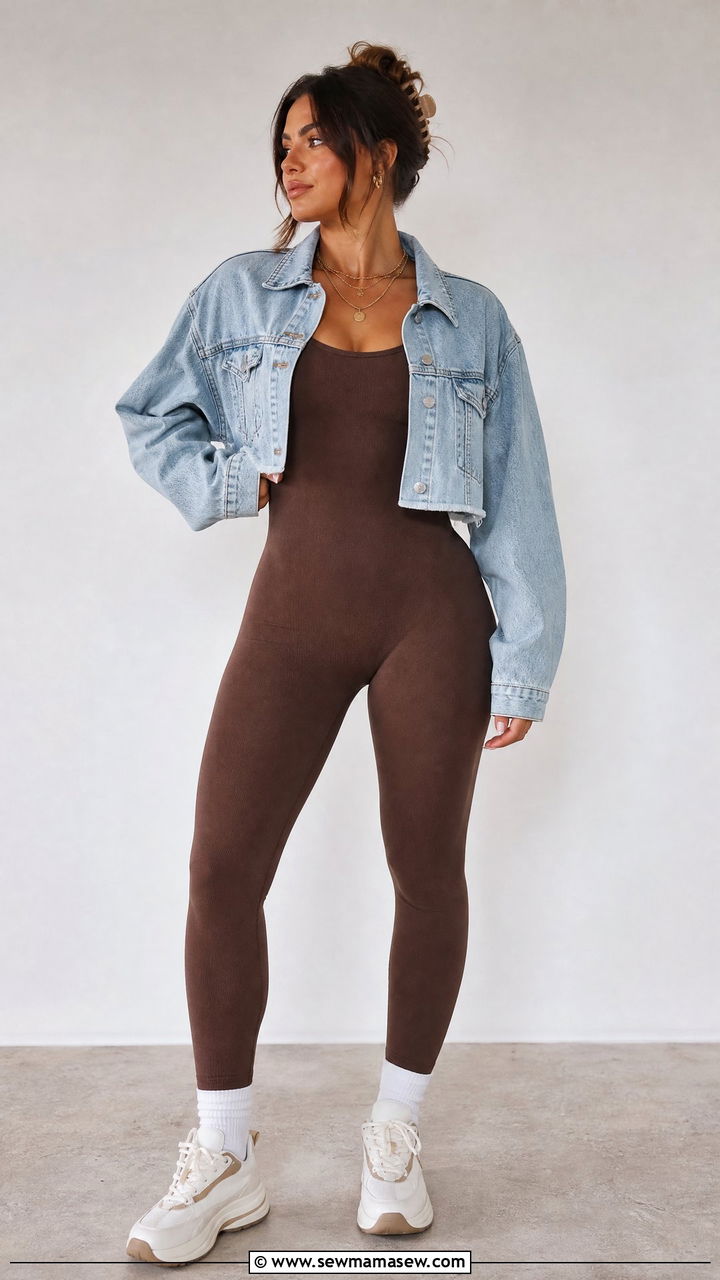 Seamless unitard with a cropped denim jacket - 25 Aesthetic gym outfit ideas