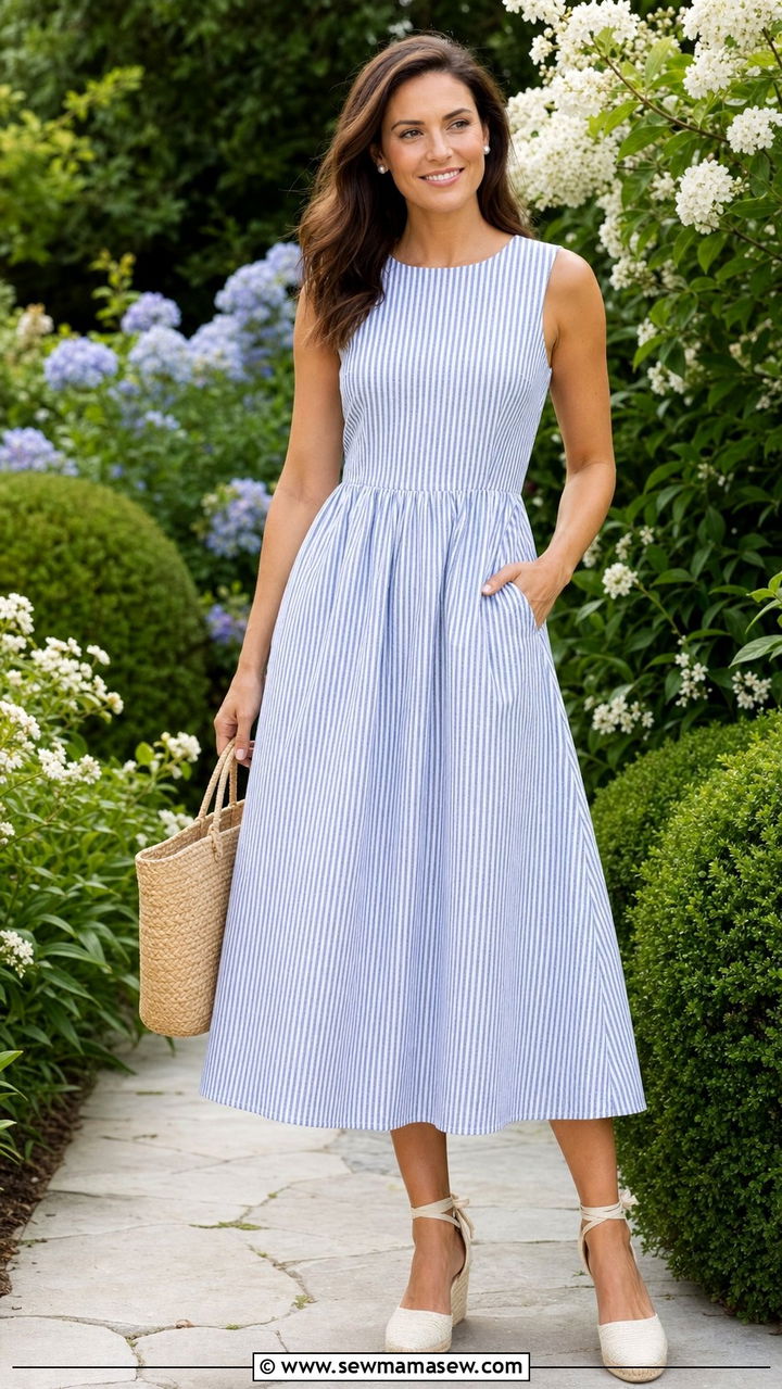 Seersucker A Line Midi Dress With Espadrilles Summer Humid Weather Outfit - 25 summer humid weather outfit ideas