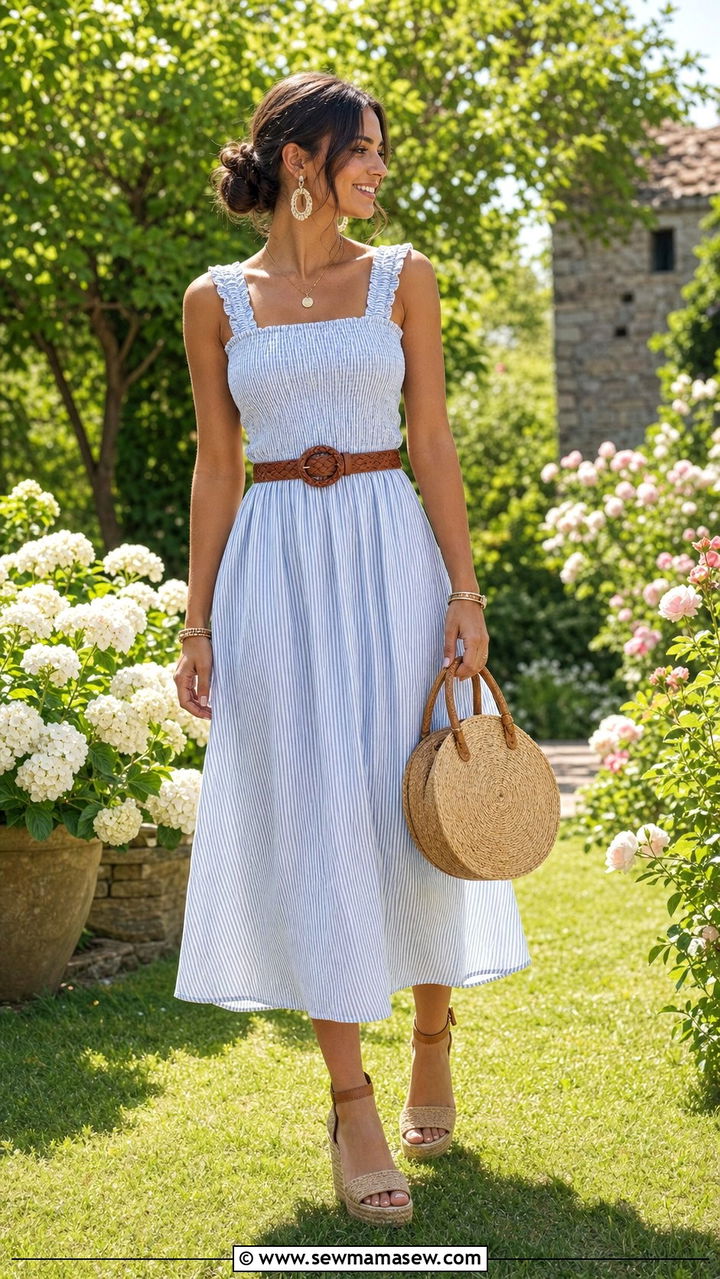 Seersucker Midi Dress With Espadrilles - 25 summer heatwave outfit ideas
