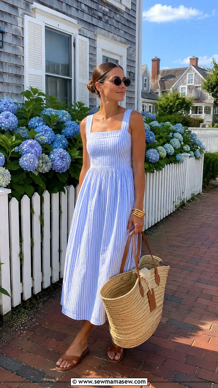 Seersucker Midi Dress With Straw Tote Bag - 30 Old money outfit ideas for Nantucket