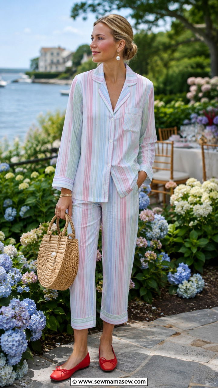 Seersucker Pajama Set With Red Ballet Flats - 25 Pajama outfit ideas for vacation