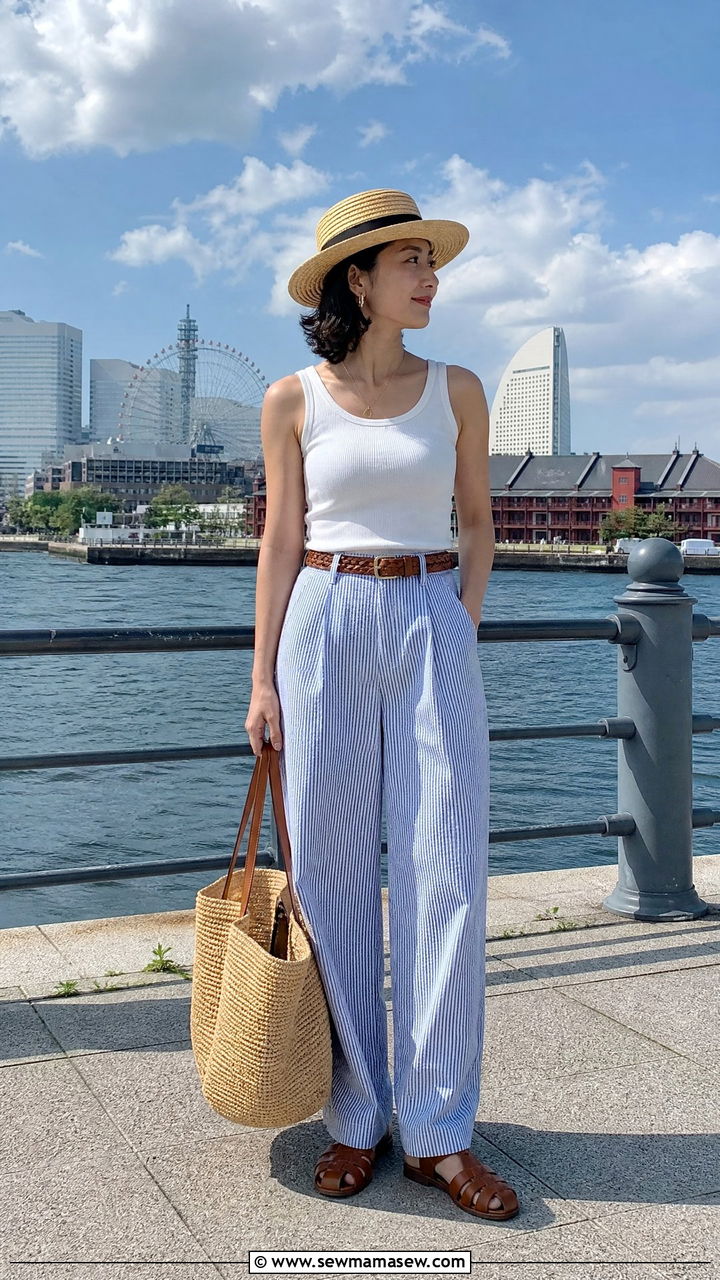 Seersucker Pants and White Tank Outfit - 40 Summer Japan outfit ideas