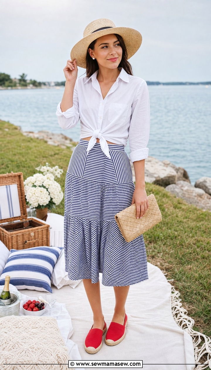 Seersucker midi skirt with knotted button down - 25 summer midi skirt outfit ideas