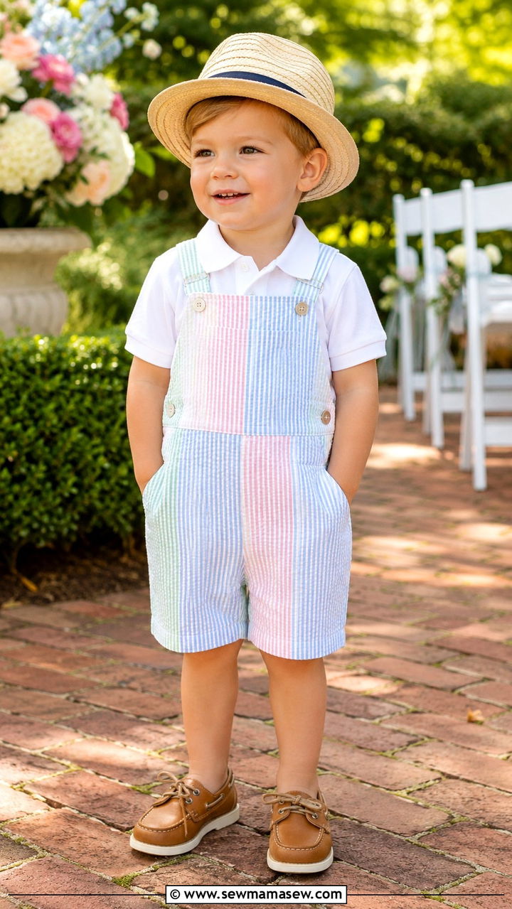 Seersucker shortall boat shoes preschool outfit - 30 Preschool outfit ideas