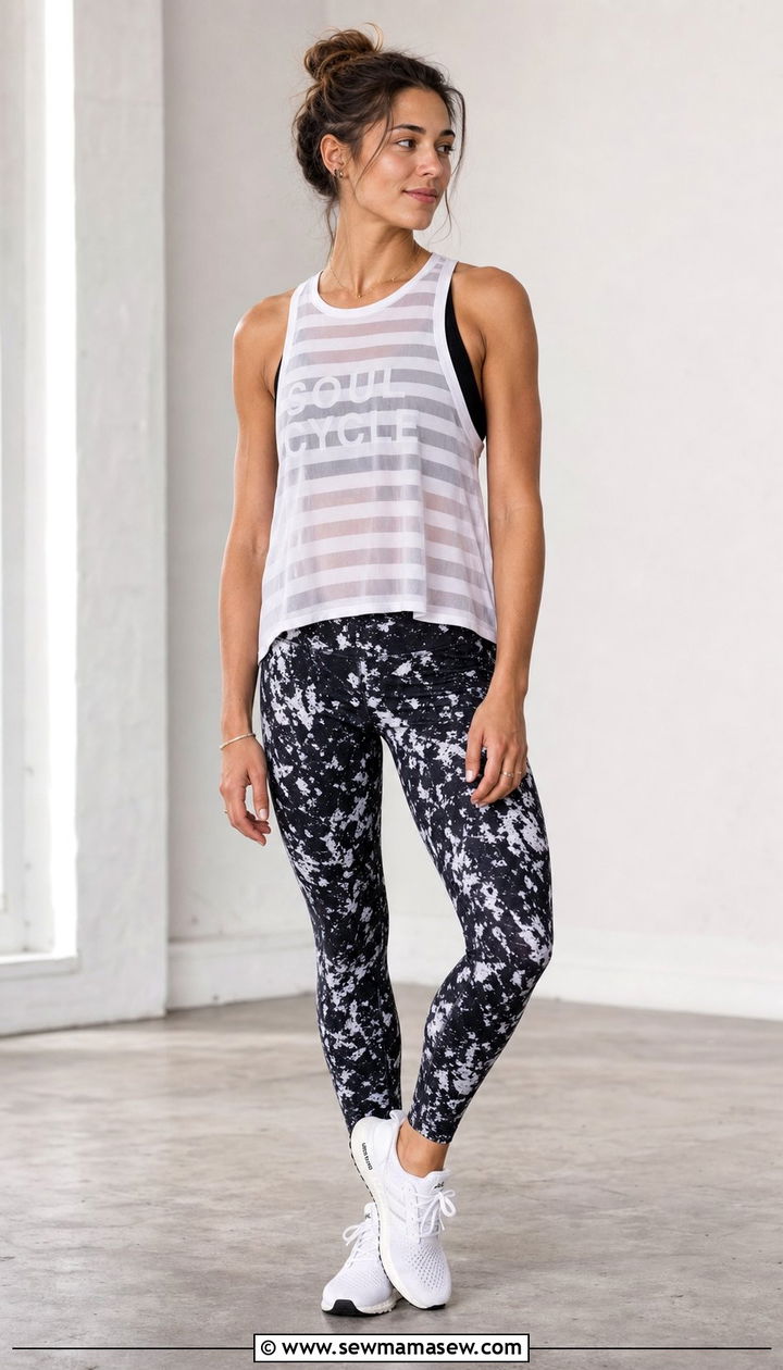 Semi Sheer Layered Tank And Patterned Leggings - 25 SoulCycle outfit ideas
