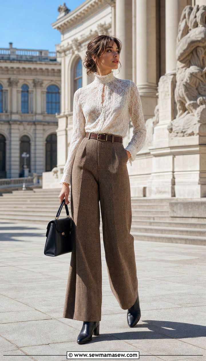 Semi sheer lace blouse and plaid wide leg trousers with satchel outfit - 25 spring light academia outfits