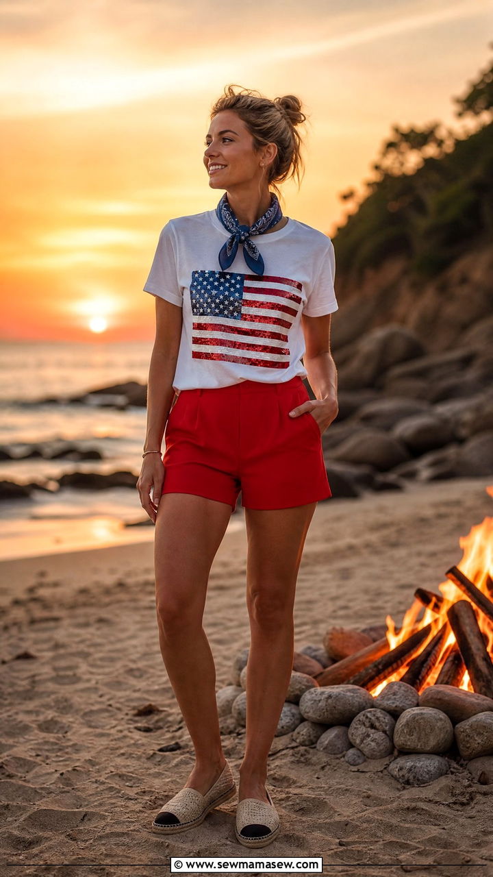 Sequin American Flag Tee With Red Shorts - 30 summer fourth of july outfit ideas