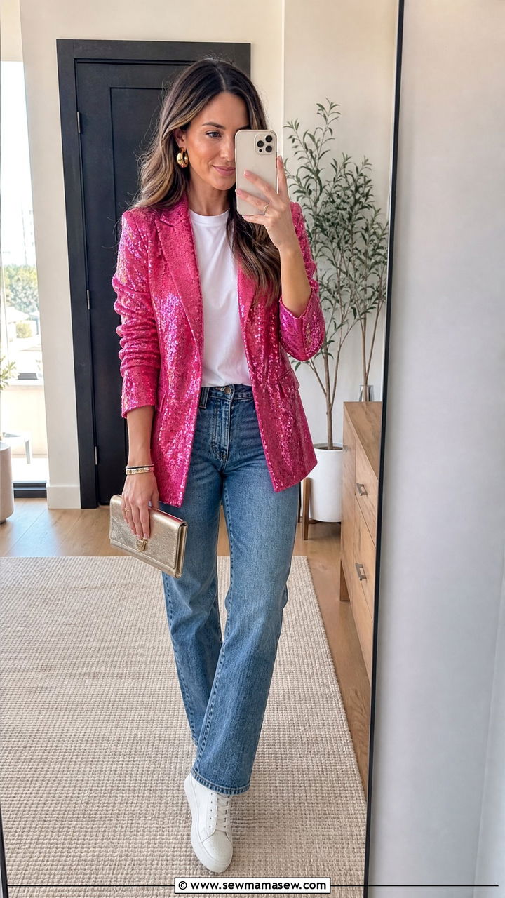 Sequin Blazer White Tee and Jeans Outfit - 25 Beyonce concert outfit ideas