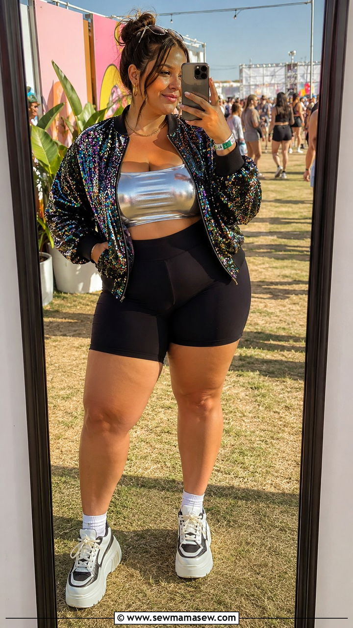 Sequin Bomber Jacket With Bike Shorts And Metallic Crop Top - 30 Plus size outfit ideas for festival