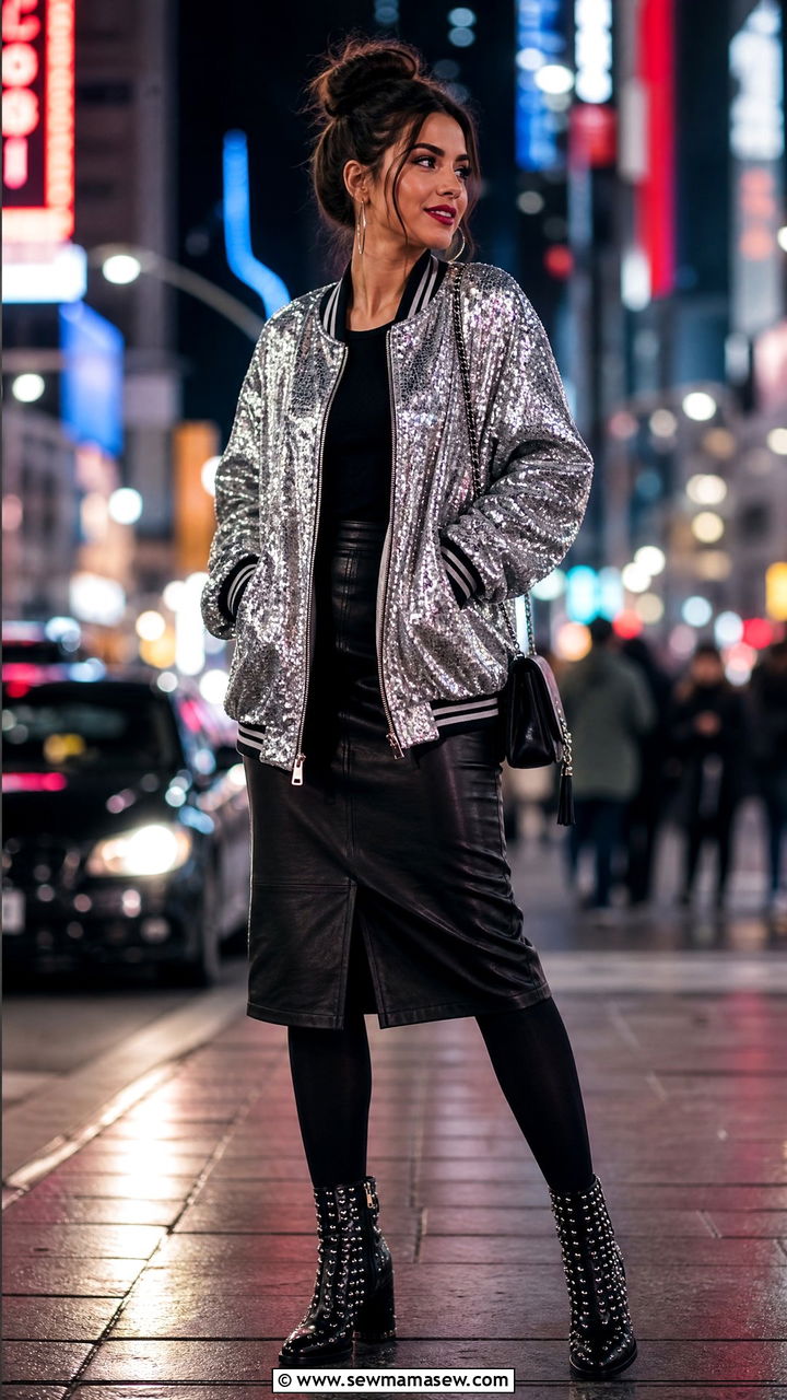 Sequin Bomber Jacket With Leather Skirt And Ankle Boots - 30 Taylor Swift concert outfit ideas