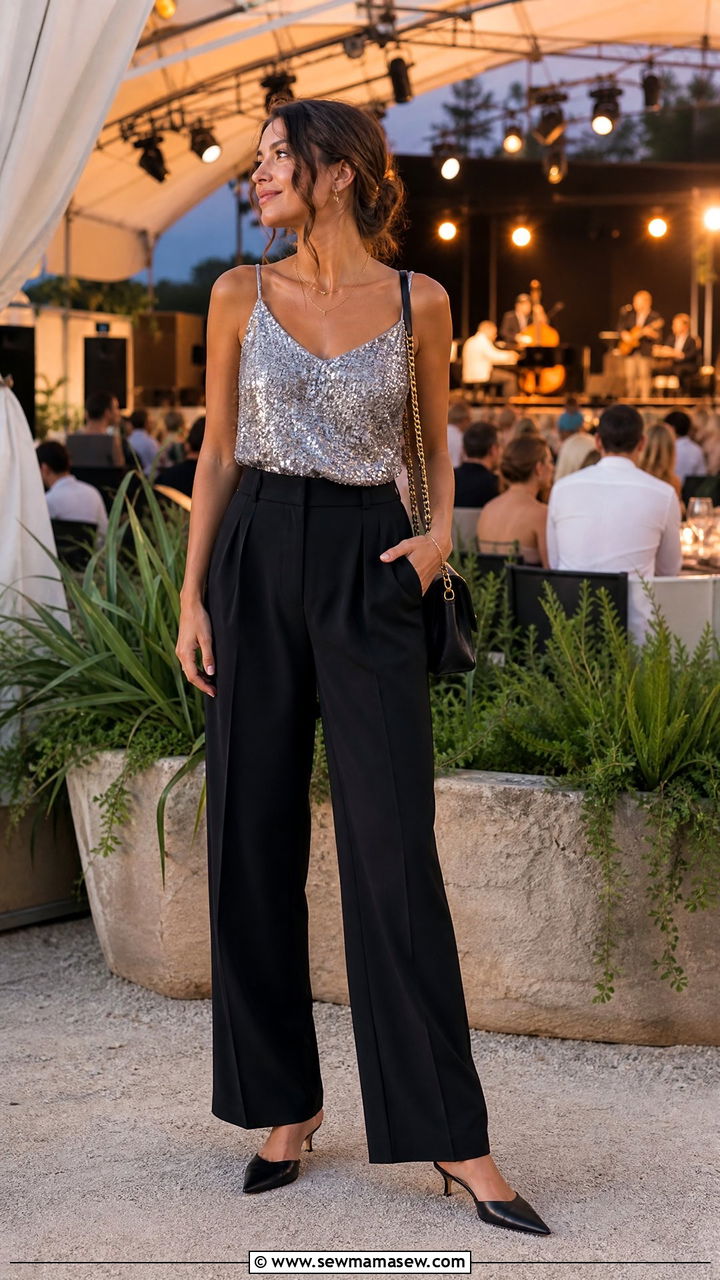 Sequin Camisole Top with Wide Leg Tailored Trousers - 30 Outdoor concert outfit ideas