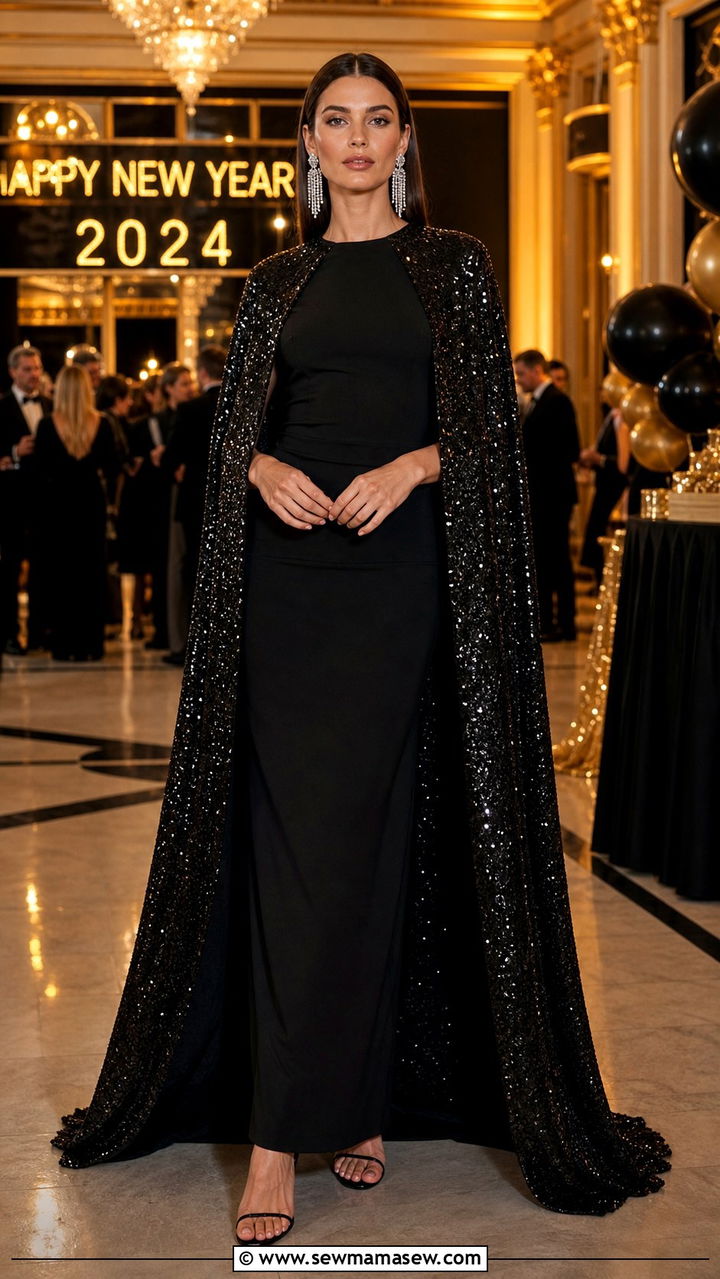 Sequin Cape Over Black Column Gown - 40 Gala outfit ideas