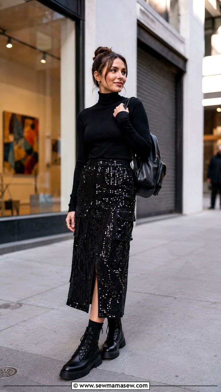Sequin Cargo Skirt With Combat Boots - 20 Sequin skirt outfit ideas 2026