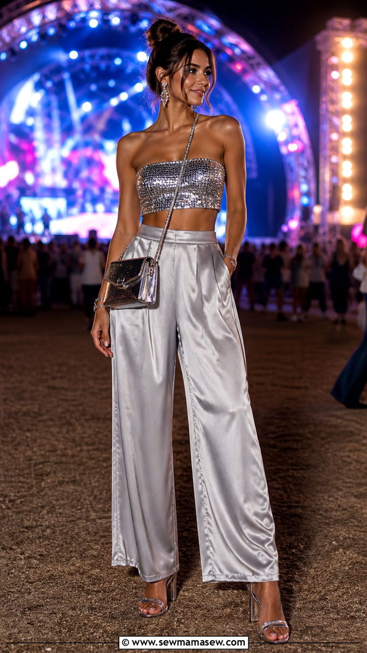 Sequin Crop Top and High Waisted Wide Leg Pants With Strappy Heels - 20 1 day music festival outfit ideas