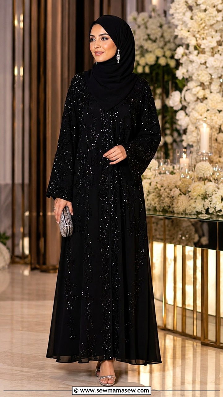Sequin Embellished Abaya - 30 Modest wedding guest outfit ideas for Muslim women