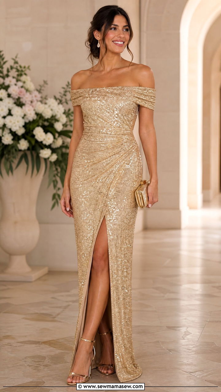 Sequin Gold Gown For Evening Receptions - 30 classy spring wedding guest outfit ideas