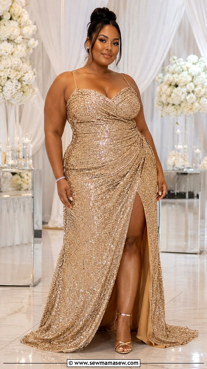 Sequin Gold Gown with Strappy Sandals - 30 Plus size wedding guest outfits spring