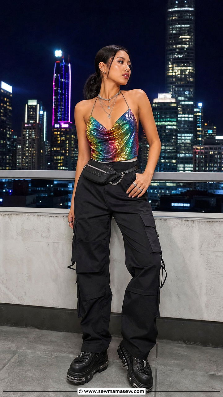 Sequin Halter Top And Cargo Pants - 30 EDM concert outfit ideas