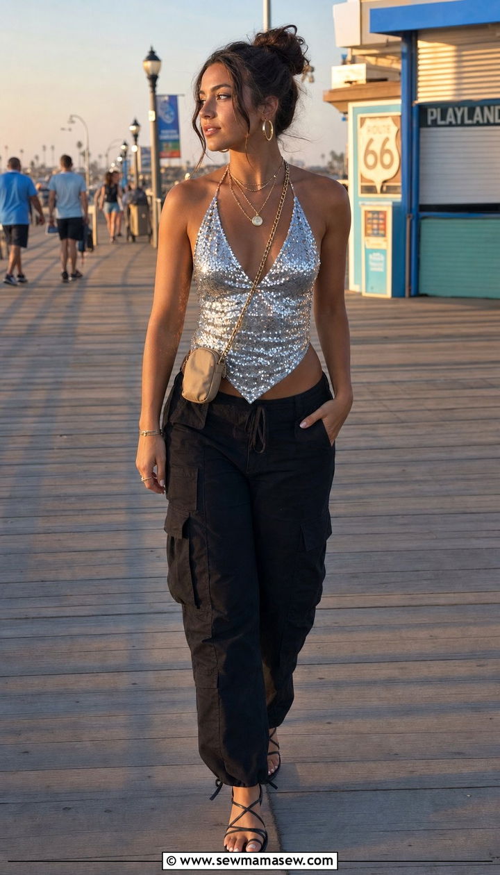 Sequin Halter Top With Black Cargo Pants - 25 cute Y2K outfits