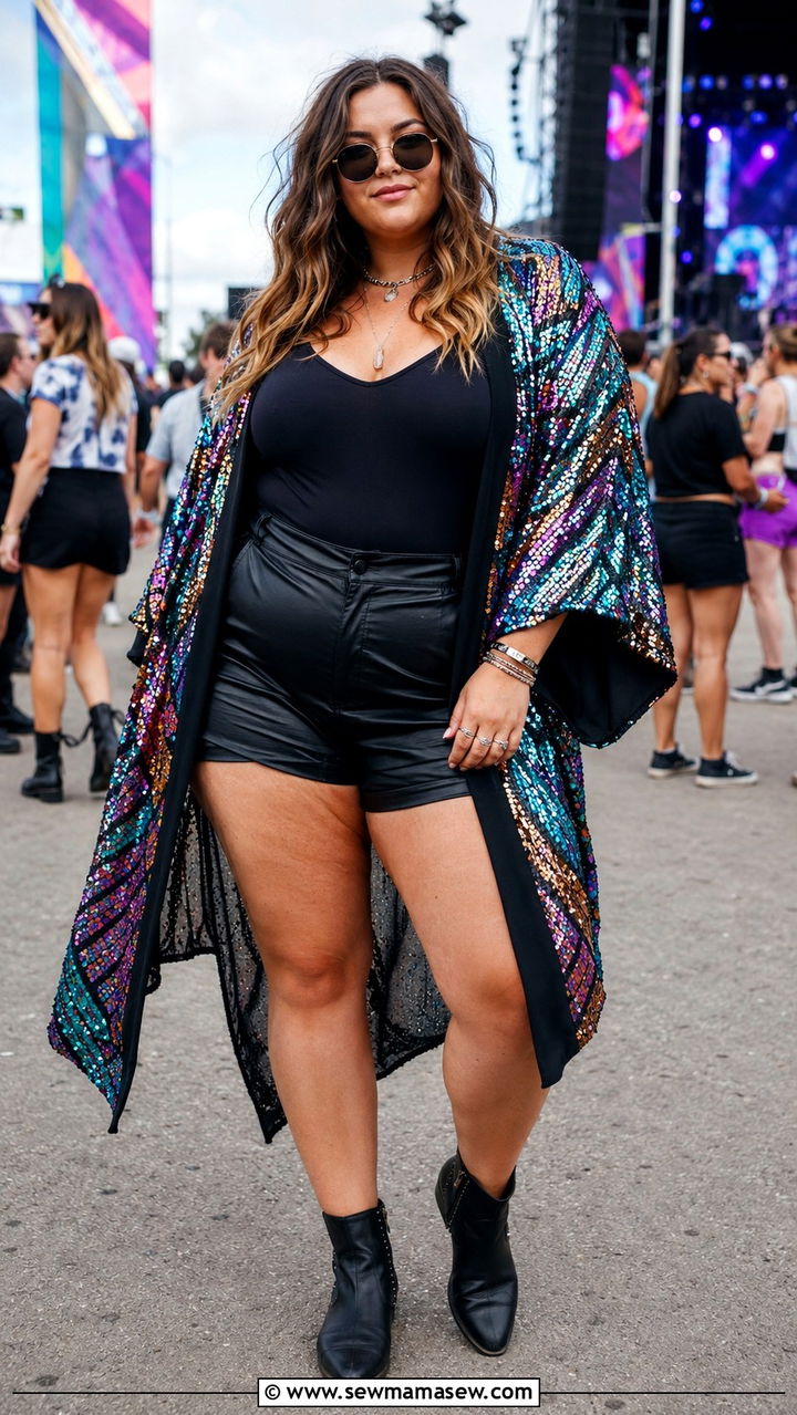 Sequin Kimono Jacket With Solid Tank Top And Black Faux Leather Shorts - 30 plus size music festival outfit ideas