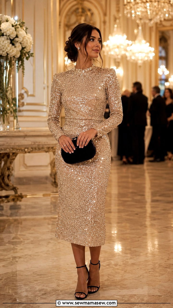 Sequin Midi Dress Wedding Guest Outfit - 30 Trendy wedding guest outfits