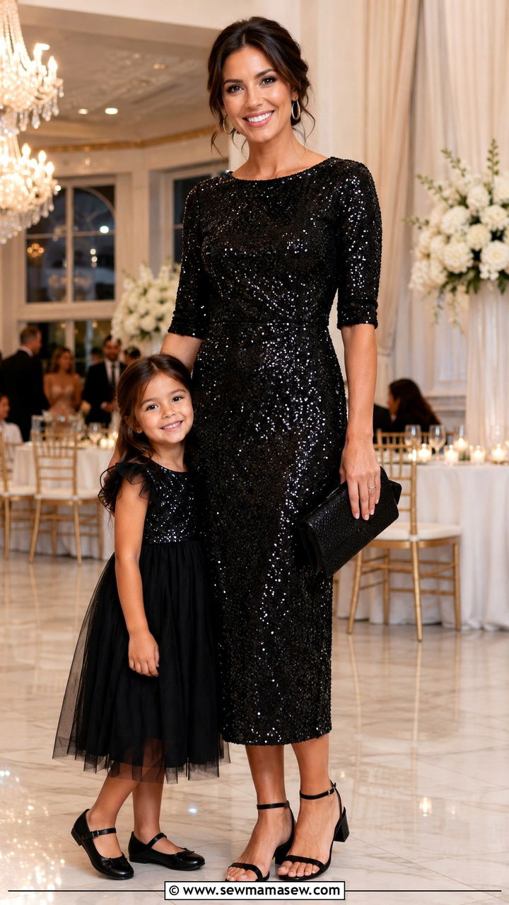 Sequin Midi Dress With Low Block Heels - 25 Wedding guest outfit ideas with kids in tow