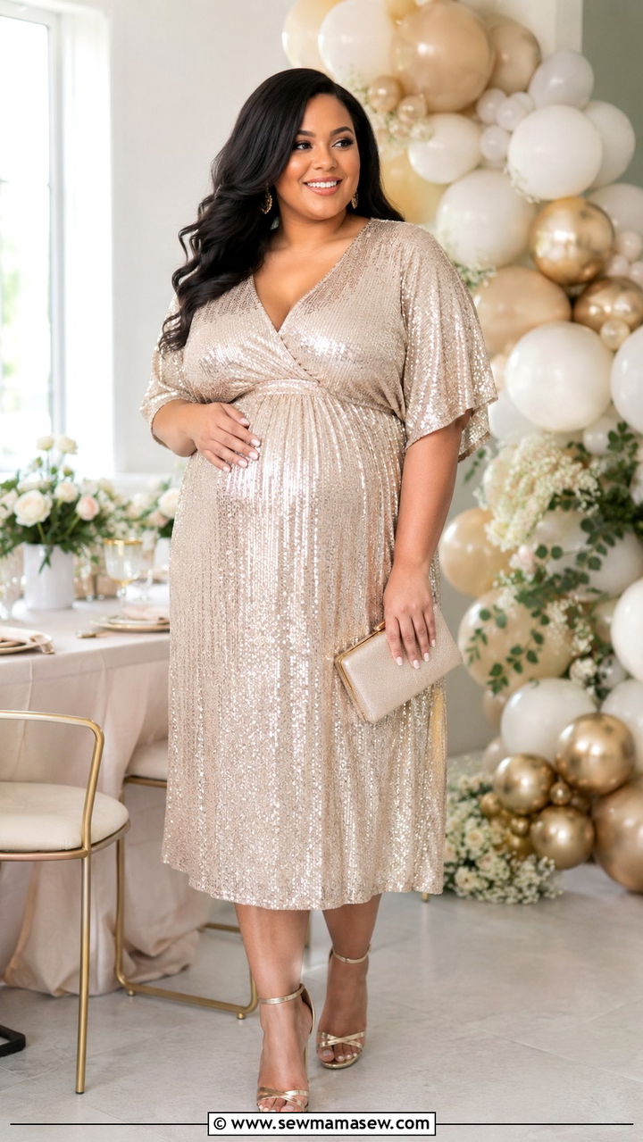 Sequin Midi Dress With Strappy Heels - 30 Plus size outfit ideas for baby shower