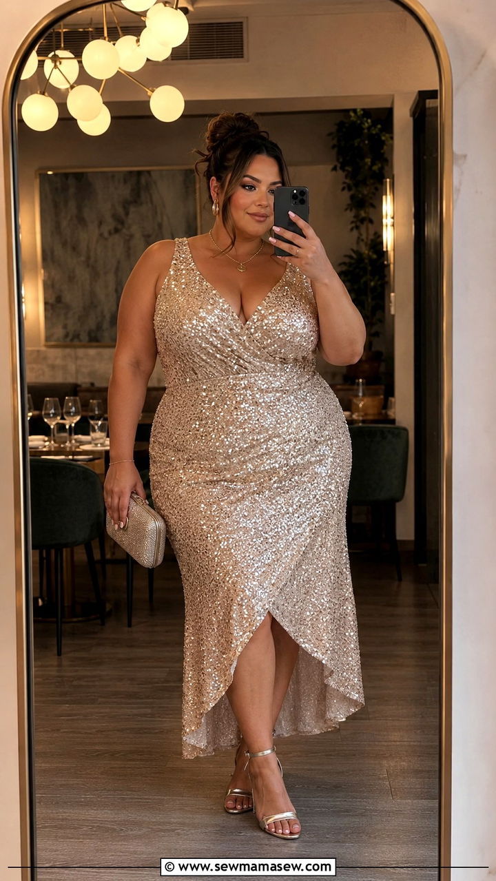 Sequin Midi Dress With Strappy Heels - 25 Birthday dinner outfit ideas plus size