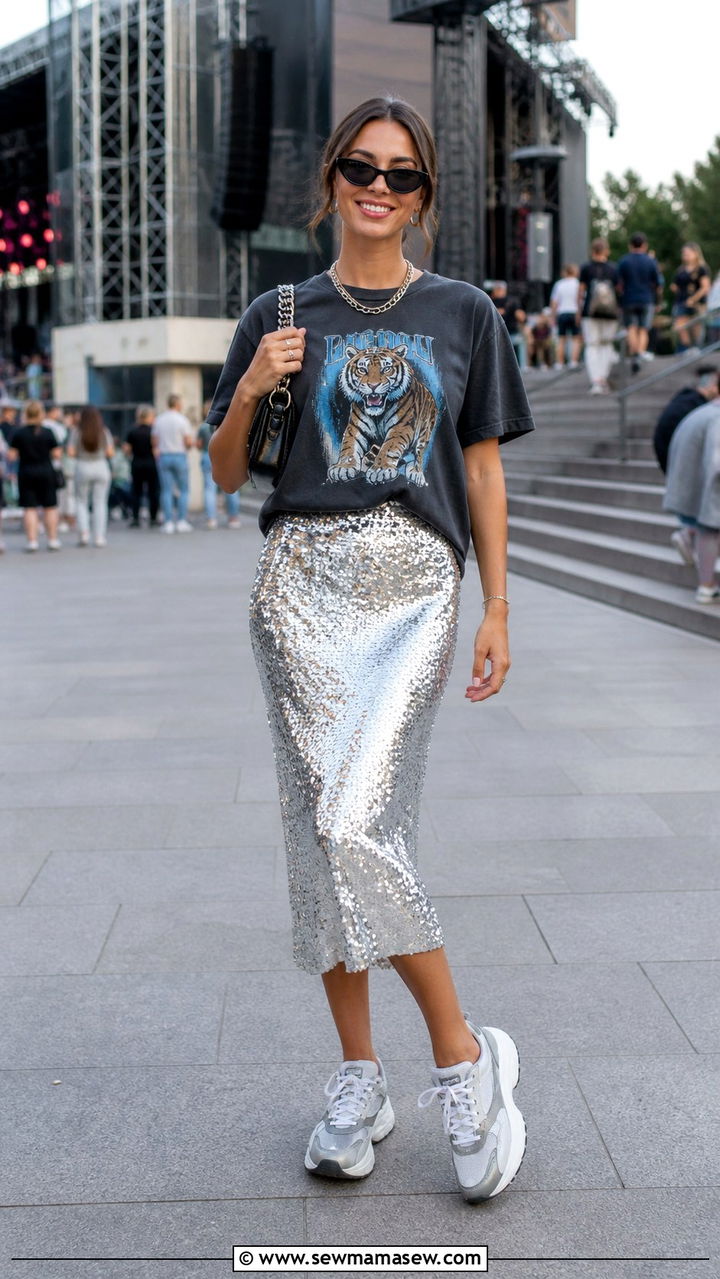 Sequin Midi Skirt And Graphic Tee Combo - 40 Spring concert outfits
