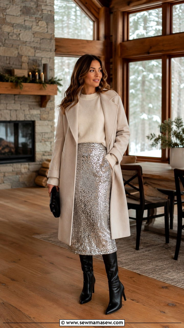 Sequin Midi Skirt With Cashmere Sweater And Knee High Boots - 25 Sequin skirt outfit ideas for party
