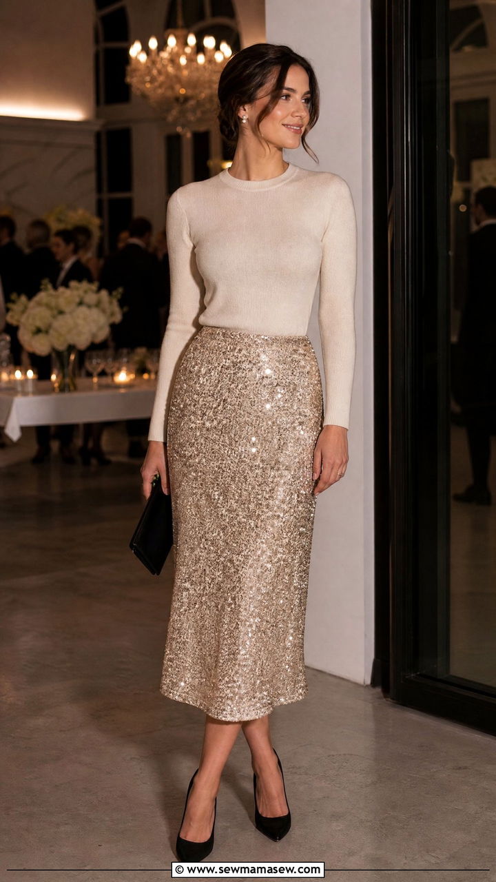 Sequin Midi Skirt With Neutral Knit Top Wedding Outfit - 25 How to style a midi skirt for a wedding