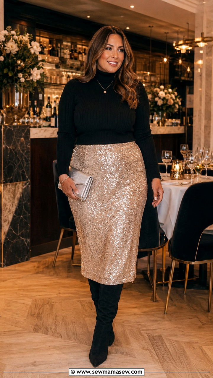 Sequin Midi Skirt With Turtleneck Party Outfit - 30 Party outfits for curvy women
