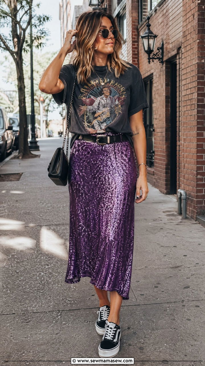Sequin Midi Skirt and Graphic Tee Outfit - 35 Dopamine dressing outfit ideas