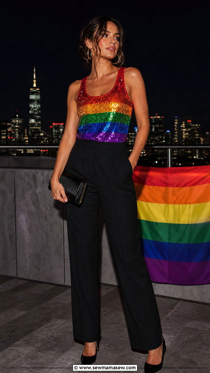 Sequin Rainbow Top and Black Trousers Outfit - 25 June Pride outfit ideas
