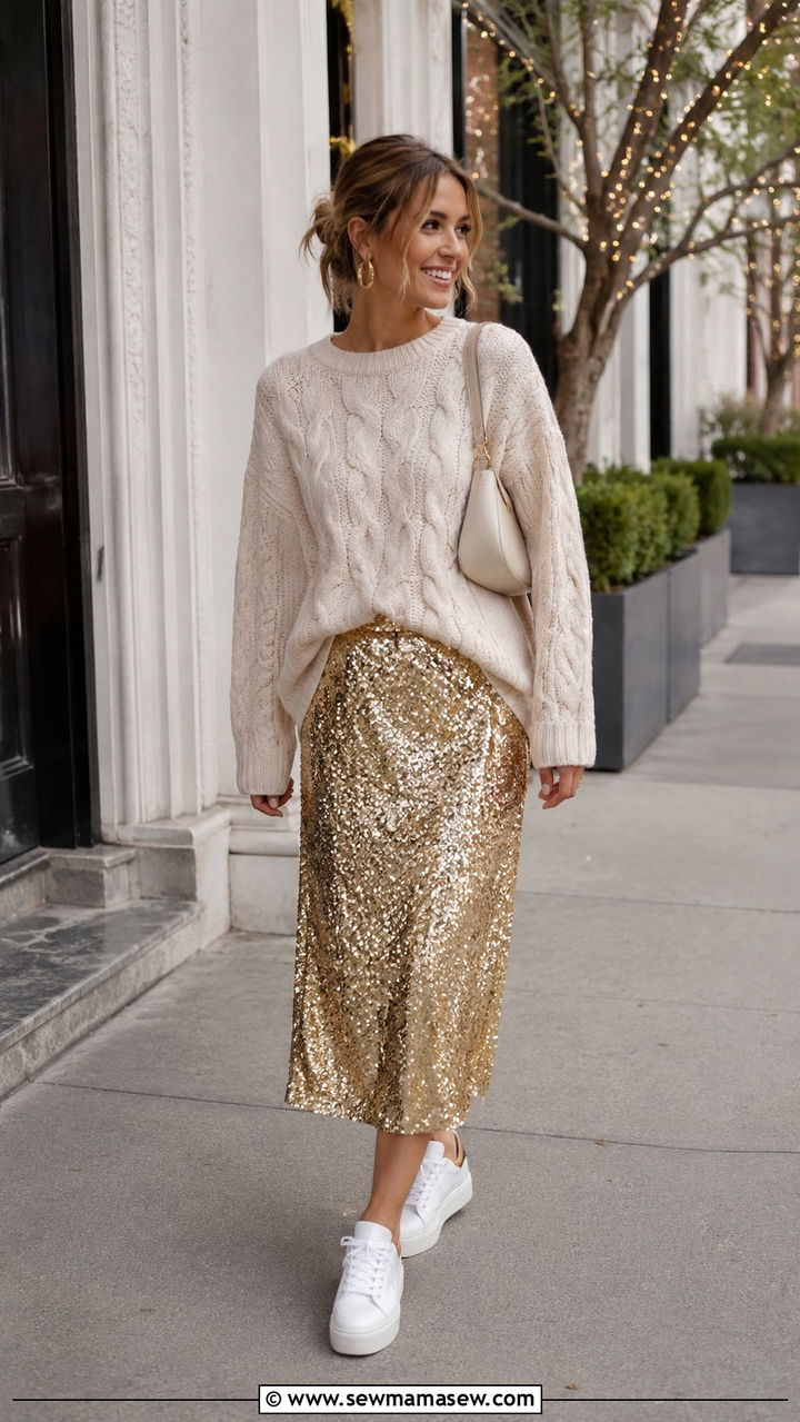 Sequin Skirt With Chunky Knit And Platform Sneakers - 25 Sequin skirt outfit ideas for party