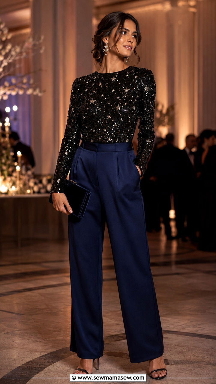 Sequin Starry Evening Top and Tuxedo Trousers - 30 celestial outfits aesthetic