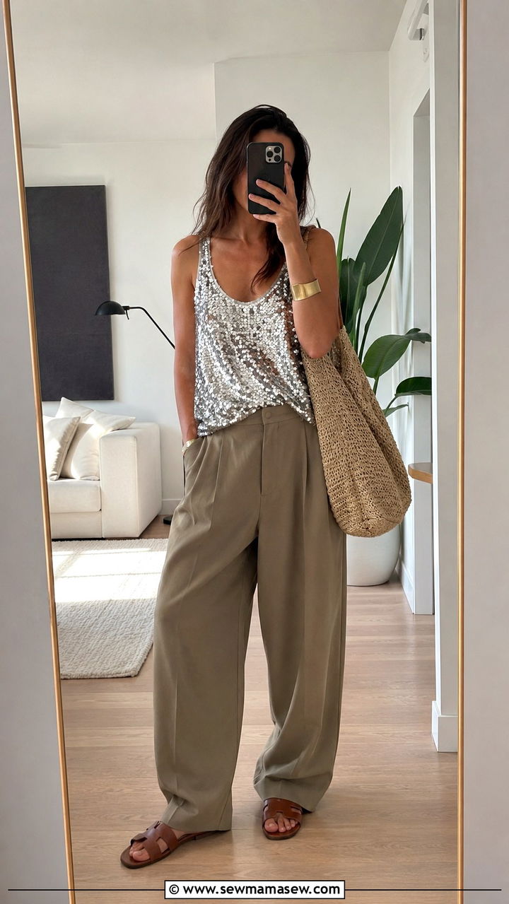 Sequin Tank With Relaxed Trousers And Slide Sandals - 30 casual maximalist outfits